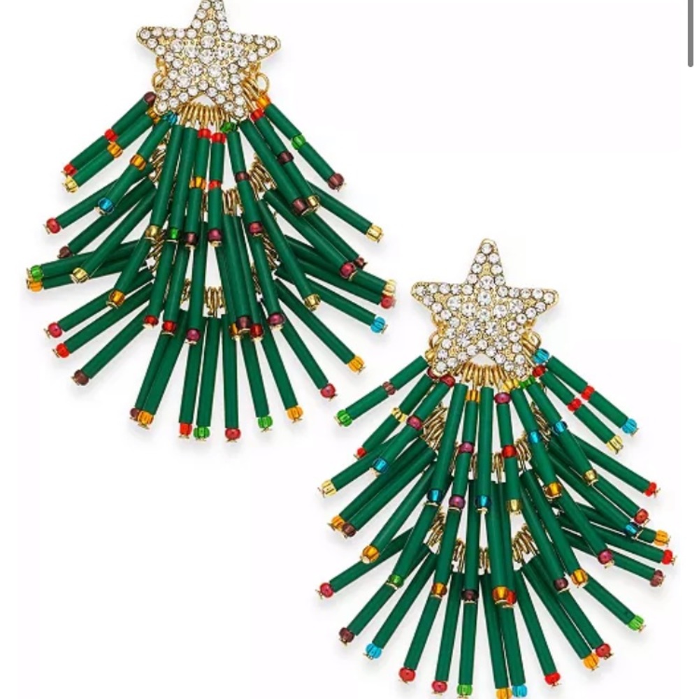 Forest Green Gold-Tone Pavé & Multicolor Bead Holiday Tree Drop Earrings